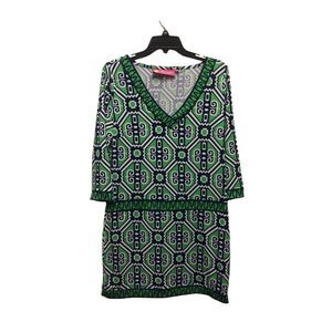 Macbeth Collection by Margaret Josephs Women Blue and Green Aztec Design Midi Dr